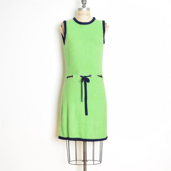 vintage 60s dress green navy mod boucle knit cutout twiggy sleeveless midi M - Picture 2 of 9